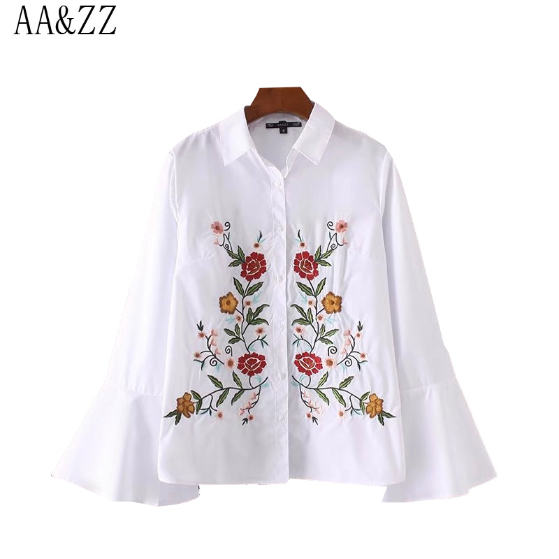 AA и ZZ 2017 элегантный Для женщин белый цветочный Вышивка Блузки для малышек o-образным вырезом Flare рукавом Рубашка женская уличная Топы корректирующие blusas Camisas Mujer